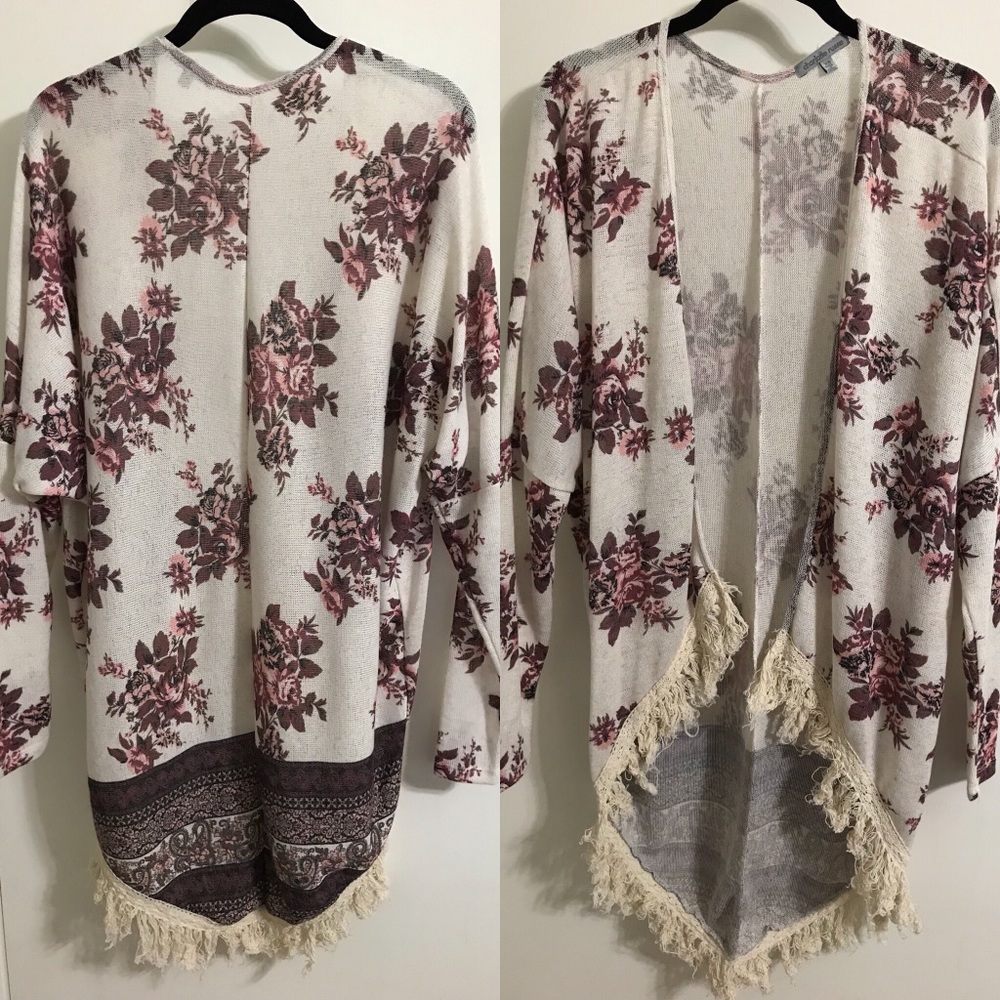Floral cream long wrap with fringed bottom